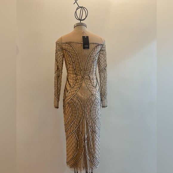Aidan Mattox beaded illusion deep V-Neckline long sleeve midi dressy dress - Picture 7 of 11